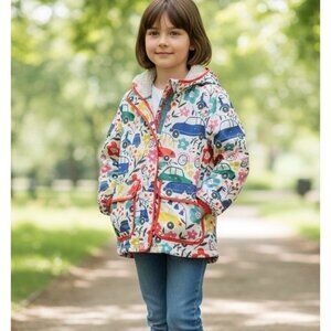 Mini Boden Girls 7 / 8 Rainbow Floral Car Print Sherpa Lined Hooded Coat Jacket